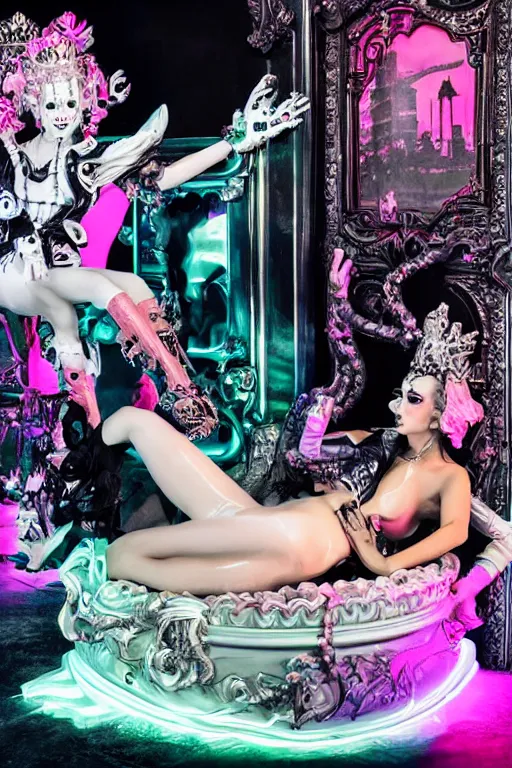 Prompt: full-body rococo and cyberpunk style neon statue of a seductive attractive Spanish android sin ropa reclining con las piernas abertas e la piroca e dotado, pecho peludo, ethereal white dripping tar, glowing orange lasers, pink tigers, glowing eyes, silver prince crown, black gears, pink diamonds, swirling mint-colored silk fabric. futuristic elements. full-length view. human skulls. large intricate artwork by caravaggio. Trending on artstation, octane render, cinematic lighting from the right, hyper realism, octane render, 8k, depth of field, 3D