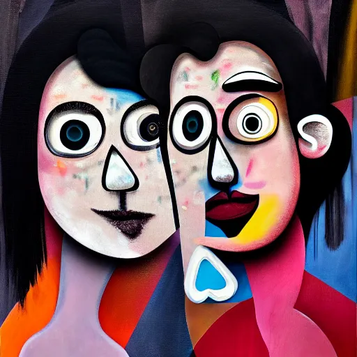 Image similar to young drunk and falling in love in the club, in the style of georgoe condo, by george condo, by george condo fx, cinematic, dramatic, photography painting, portrait, post processing, post - production, tone mapping, cgi, vfx