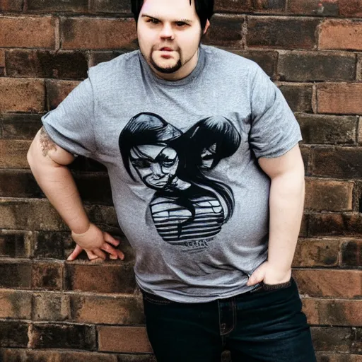 Image similar to pregnant goth man, tee shirt and jeans, black hair