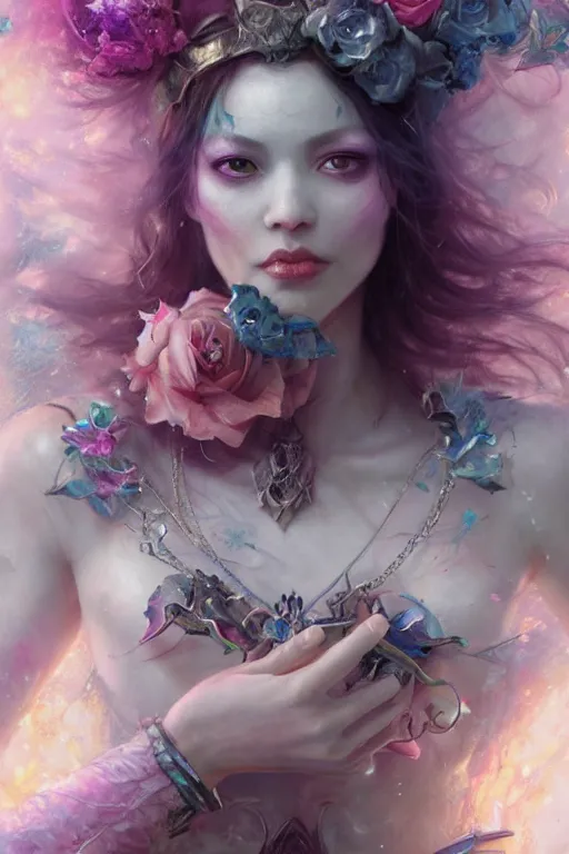 Image similar to face closeup of extremely beautiful girl necromancer, magical fairy exploding into flowers and ice, angels, 3 d render, hyper - realistic detailed portrait, holding fire and electricity rainbow, ruan jia, wlop. scifi, fantasy, magic the gathering, hyper detailed, octane render, concept art, peter mohrbacher