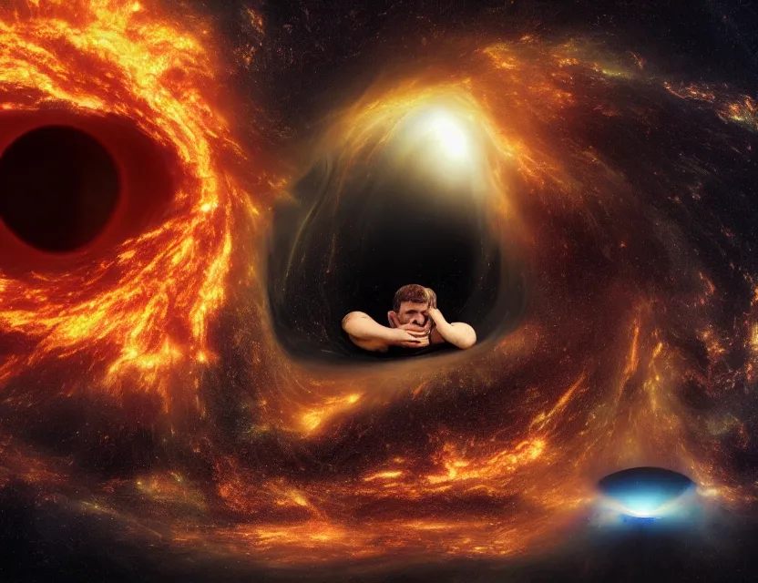 Prompt: a high resolution color photo of a sad man being strangled by the collapse of the universe while in a black hole on a vintage computer screen, burning building, storm, fire, earthquake, debris