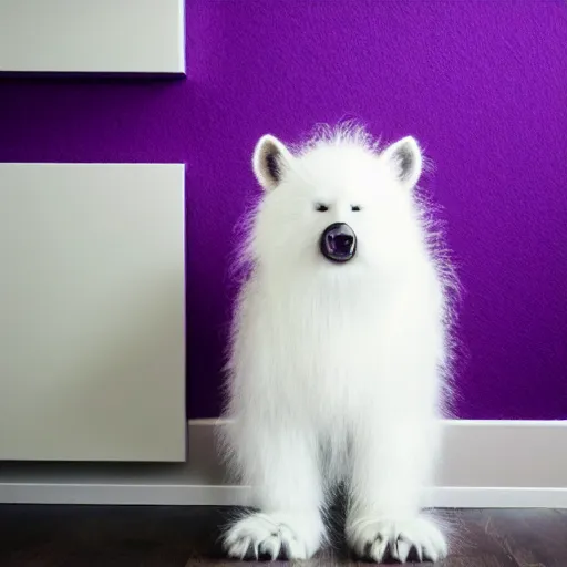 Image similar to a photo of a white fur monster standing in a purple room