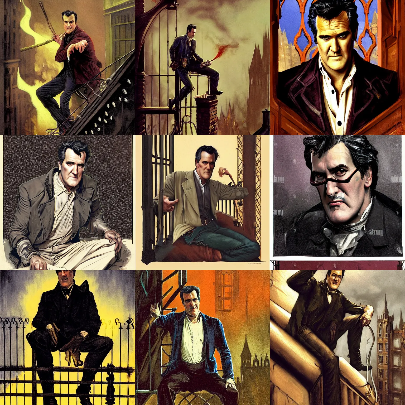 Prompt: character portrait of bruce campbell as ash sitting down on a fire escape so high on mdma in gothic london, gothic, john singer sargent, muted colors, moody colors, illustration, digital illustration, amazing values, art by j. c. leyendecker, joseph christian leyendecker, william - adolphe bouguerea, graphic style, dramatic lighting, gothic lighting