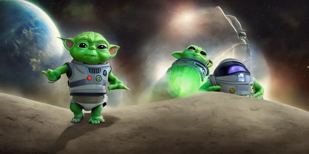 Image similar to a 3 d rendered movie still, wide - angle shot, 1 0 0 meter in the distance, baby yoda wearing a spacesuit, and exploring cosmos in a super awesome space ship. dramatic lighting, imax, 7 0 mm. science fiction blockbuster movie, buzz lightyear.