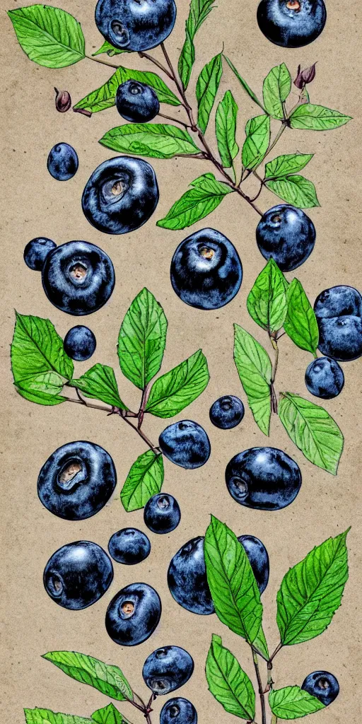 Image similar to horizontal medium close-up knee height botanical drawing of bushes with blueberries in a forest. Traditional art. Rustic. Nordic. 4K. Trending on artstation. Bushy. Nature. Artistic.