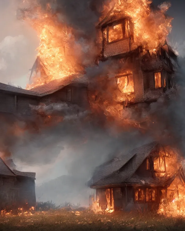 Image similar to a beautiful hyperrealistic ultradetailed 3D render of a burning house, by brian sum and stephan martiniere and pixar and Toya Ito, unreal engine, octane render, gigantic, 3D, brilliantly coloured, intricate, ultra wide angle, trending on artstation, embers, smoke, dust, dusk, volumetric lighting, HDR, polished, micro details, ray tracing, 8k