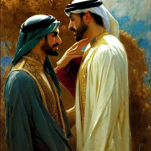 Image similar to attractive fully clothed arab king confesses his love for his attractive fully clothed male prince. highly detailed painting by gaston bussiere, craig mullins, j. c. leyendecker