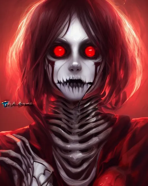 Image similar to A realistic anime portrait of a beautiful skeleton woman with glowing red eyes wearing clothes made of skulls, digital painting, by Stanley Artgerm Lau, Sakimichan, WLOP and Rossdraws, digtial painting, trending on ArtStation, SFW version