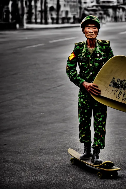 Image similar to vietnam soldier with skateboard, pulitzer award, captured by nikon d 8 5 0, 4 k, full body perfect. by daniel berehulak