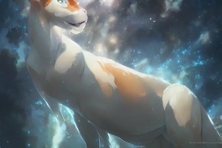 Prompt: blue eyed celestial dog, single subject, scenic full shot, ambient lighting, detailed face, by makoto shinkai, stanley artgerm lau, wlop, rossdraws