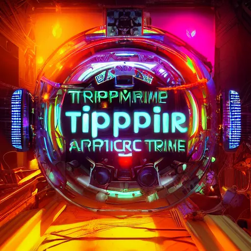 Image similar to cover art, album is called tripmachine, tripmachine, photo of a huge futuristic steampunk machinery with guitars and drums and loudspeakers, connected with glowing tubes 8 k, fluorescent colors, halluzinogenic, multicolored, exaggerated detailed, front shot, 3 d render, octane