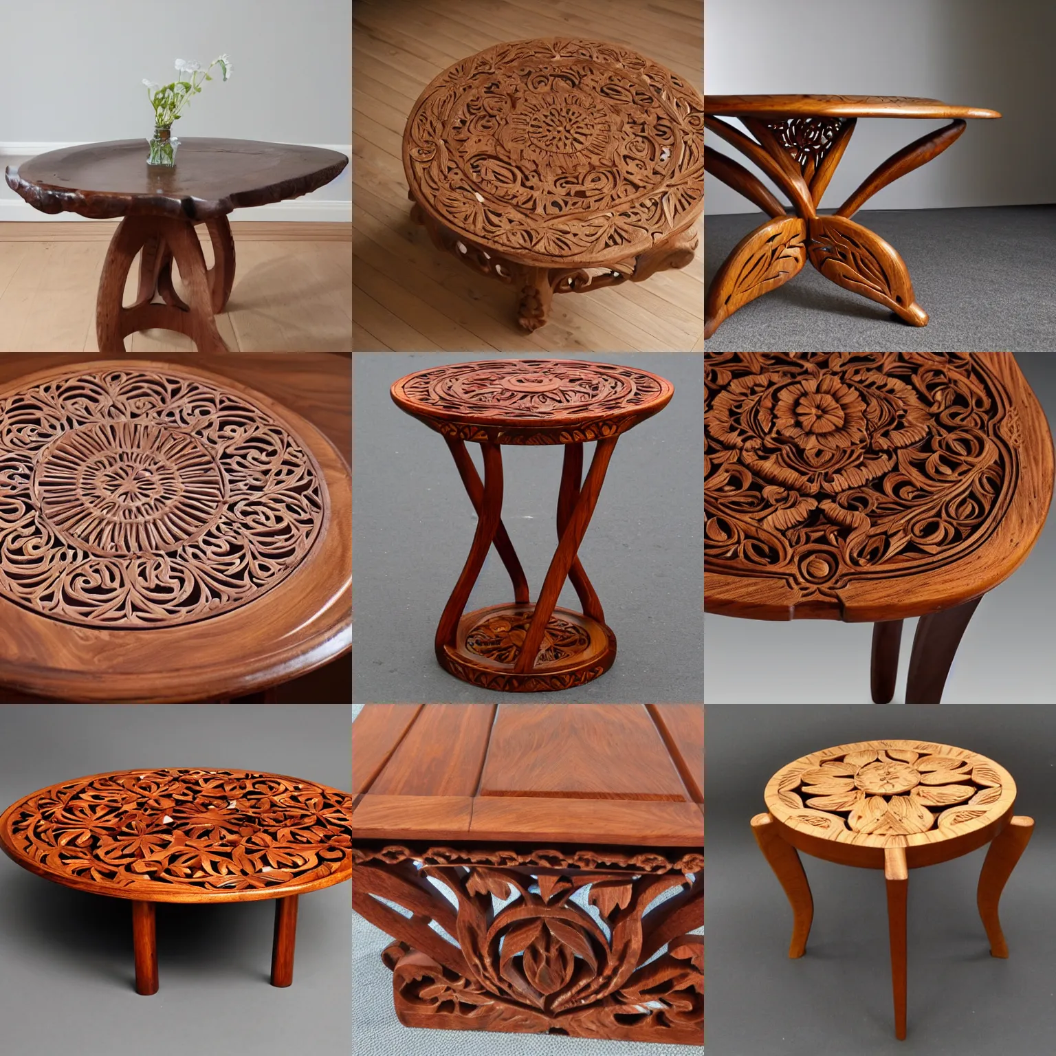 Prompt: norwegian design furniture of a wood table in flower shape carved wood intricate