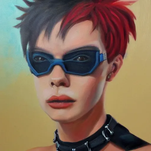 Image similar to oil painting of punk looking tracer wearing steel choker,