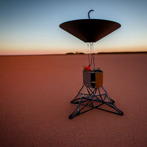 Image similar to flying industrial 3d printer with giant extrusion nozzle in the australian desert, XF IQ4, 150MP, 50mm, F1.4, ISO 200, 1/160s, dawn