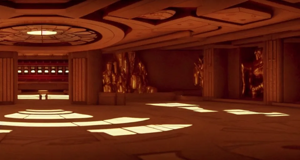 Image similar to An establishing shot from a 2021 Marvel film of the interior of an opulent a fantasy palace designed by Frank Lloyd Wright. Incredibly beautiful.