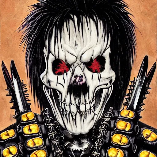 Image similar to a portrait of the grim reaper as a punk rocker playing an electric guitar, punk, skeleton face, mohawk, dark, fantasy, leather jackets, spiked collars, spiked wristbands, piercings, boots, ultrafine detailed painting by frank frazetta and vito acconci and michael whelan and takeshi obata, death note style, oil on canvas, symetric body