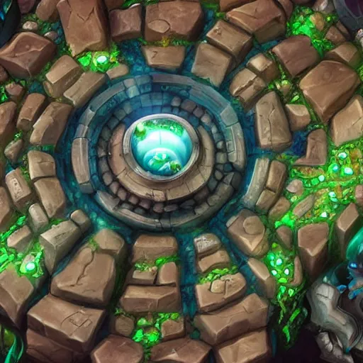 Image similar to baron nashor from league of legends surrounded by stonehenge, in the middle hyper detailed, hyper realistic, angled shot from the sky looking down,