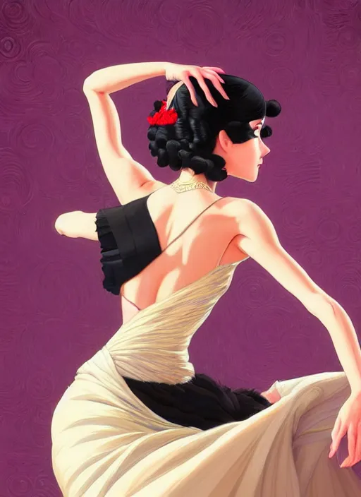 Prompt: a beautiful dancer with black hair in 1930's fashion, ballroom background, intricate, highly detailed, digital painting, artstation, official media, anime key visual, concept art, rich vivid colors, ambient lighting, sharp focus, illustration, art by Artgerm, Makoto Shinkai, Ilya Kuvshinov, Lois Van Baarle, and Rossdraws