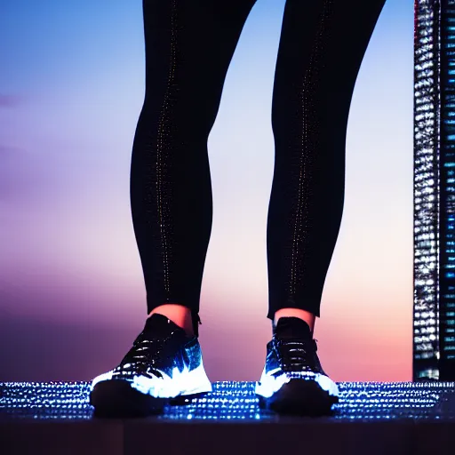 Image similar to photographic portrait of a techwear woman, closeup, on the rooftop of a futuristic city at night, sigma 8 5 mm f / 1. 4, 4 k, depth of field, high resolution, 4 k, 8 k, hd, full color