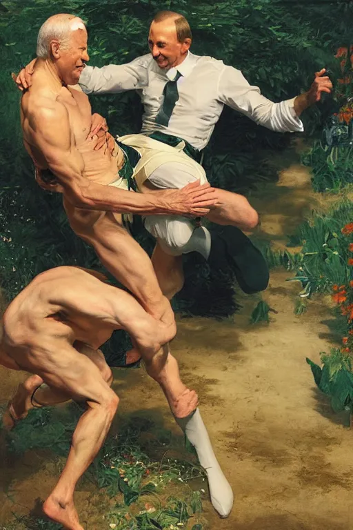 Image similar to Joe Biden wrestling Vladimir Putin, golden hour, in a garden, artstation, by J. C. Leyendecker and Peter Paul Rubens,