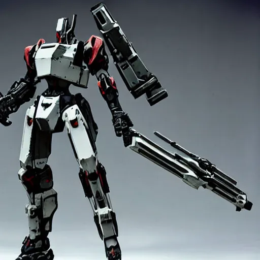 Image similar to cinematic still in ps 5 armoredcore 6, one slim full body ornate armored core with sci - fi rifle arms by fujioka kenki and by mamoru nagano,