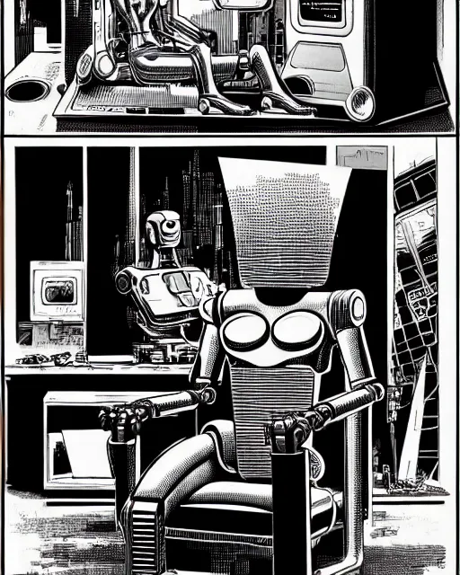 Image similar to robot wearing highly detailed hyperrealism neofuturistic cyberpunk neuralinterface is sitting on a chair, by wally wood and moebius