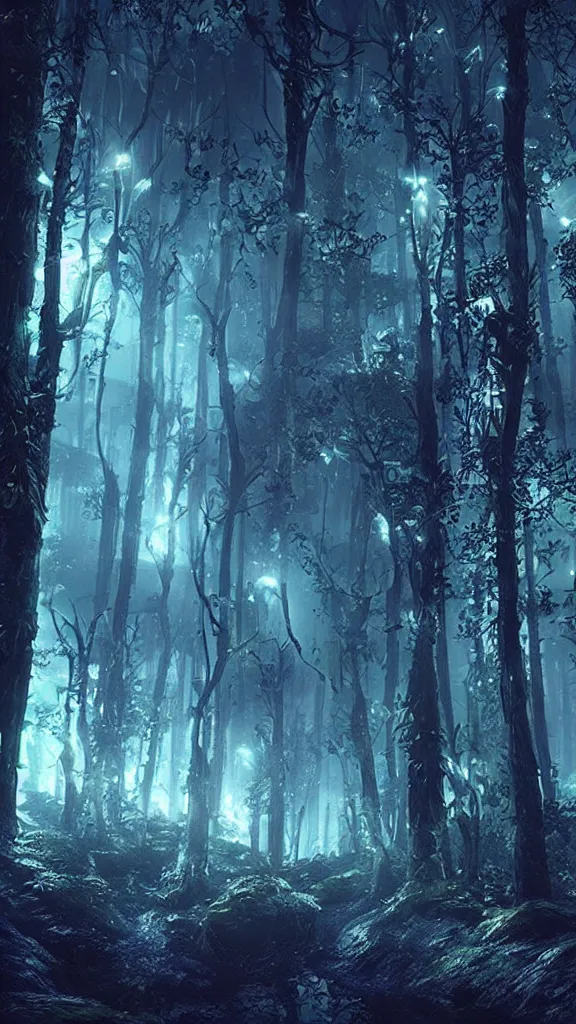 Image similar to “bioluminescent forest, Artstation HQ, photorealistic, hiperrealistic, sharp focus, 4k UHD, Unreal Engine 5, cinematic shot, cinematic lightning, dark tones, high contrast, intricate, masterpiece”