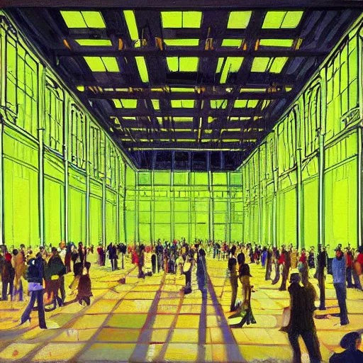 Image similar to A beautiful painting of a large room with many people in it. There is a lot of activity going on, with people talking and moving around. The room is ornately decorated and there is a large window at one end. cyber noir, lime green by Taiyō Matsumoto AWESOME, elegant