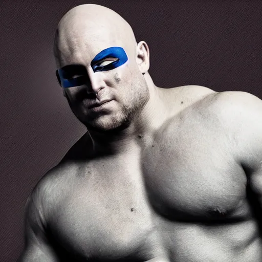 Image similar to muscular wrestler, bald, eyepatch, blue mask covering mouth, realistic,