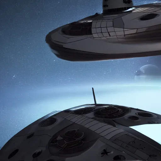 Image similar to the spaceship exterior realistic dramatic lighting film stills 4 k