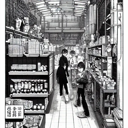 Prompt: japanese merchant in their shop, Industrial Scifi, detailed illustration, character design, by Martin Grip and Moebius