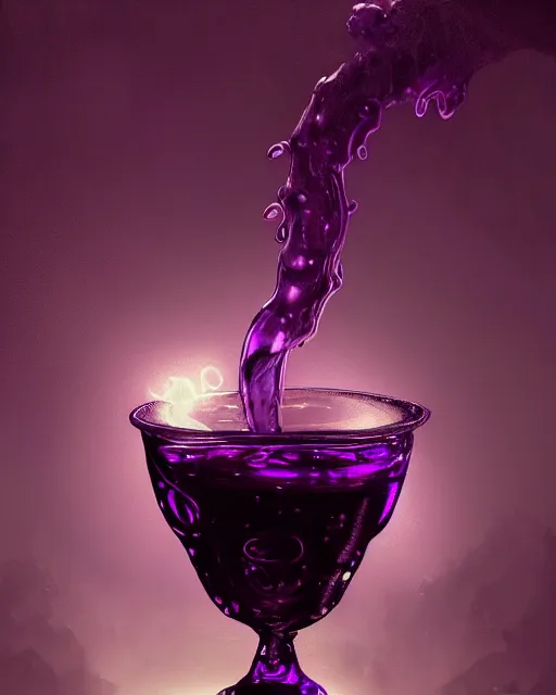 Prompt: cup of codeine, purple liquid in cup glowing, fantasy, dramatic, intricate, elegant, highly detailed, digital painting, artstation, concept art, smooth, sharp focus, illustration, art by Gustave Dore, octane render