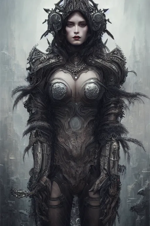 Image similar to ultra realist and ultra intricate detailed soft painting of a female beast covered by a gothic armor, thin lustrous auburn hair fur, symmetry features, sensual gloomy style, soft painting, volumetric clouds, cyberpunk background, artstation, Tom Bagshaw artstyle, unreal render, depth of field