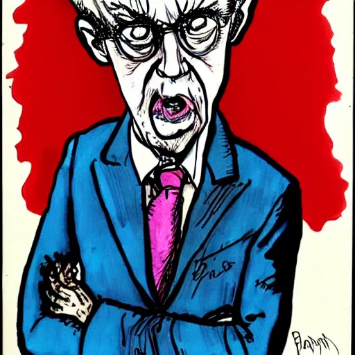 Prompt: : barney looking sad, political cartoon, style of Ralph Steadman