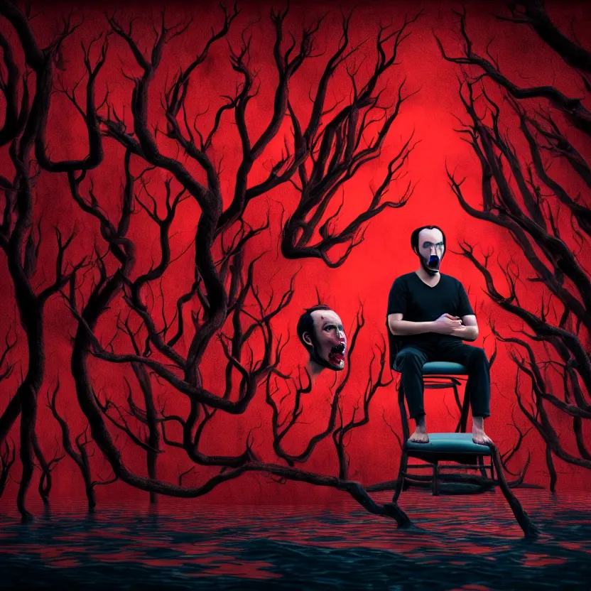 Image similar to a portrait of a man with five heads, twelve arms, sitting on chair made of human limbs, the chair is floating in a lake of blood, around the lake are melting trees, digital art, hyperrealistic nightmare scene, supernatural, highly detailed, creepy, terrifying