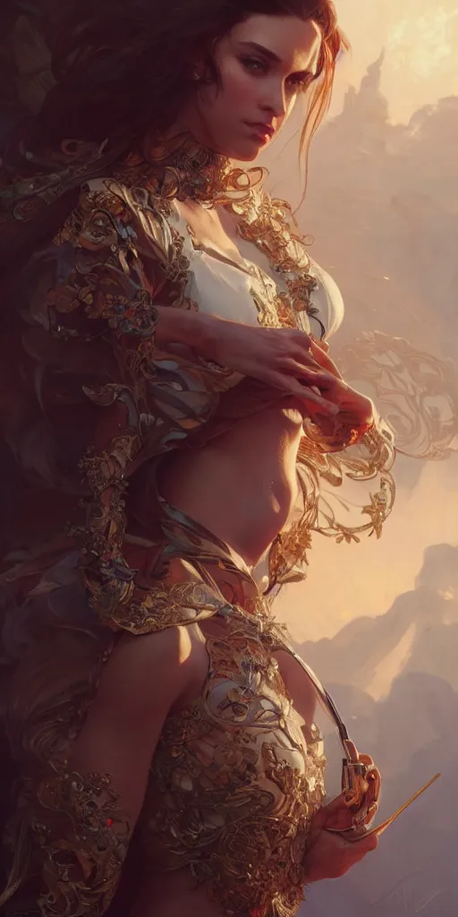 Image similar to high fashion shooting, intricate, highly detailed, action pose, digital painting, artstation, concept art, smooth, sharp focus, illustration, Unreal Engine 5, 8K, art by artgerm and greg rutkowski and alphonse mucha