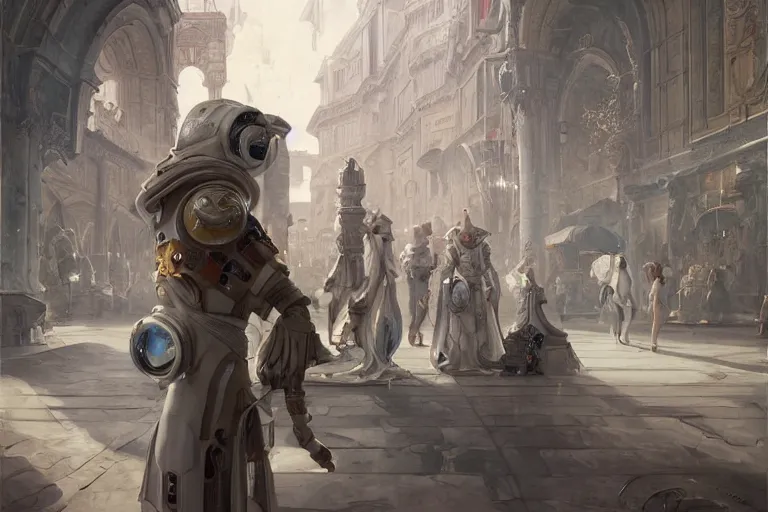 Image similar to white futuristic astronaut shopping at ancient renaissance florence vendor, rule of thirds, time travel scenery, nvidia, by wlop, peter mohrbacher, artgerm, jakub rebelka, visually stunning, beautiful, masterpiece