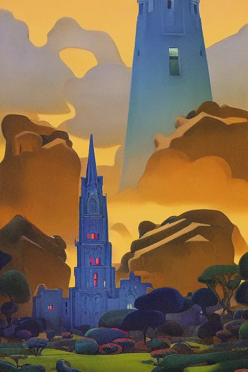 Image similar to view of the mysterious blue tower in its gardens after a storm, tall windows lit up, beautiful ornamental architecture, dramatic cinematic lighting, rich colors, by Nicholas Roerich and William Dyce and April Gornik and Sylvain Sarrailh and Ludwig Deutsch and Diego Rivera, fairytale illustration, featured on artstation