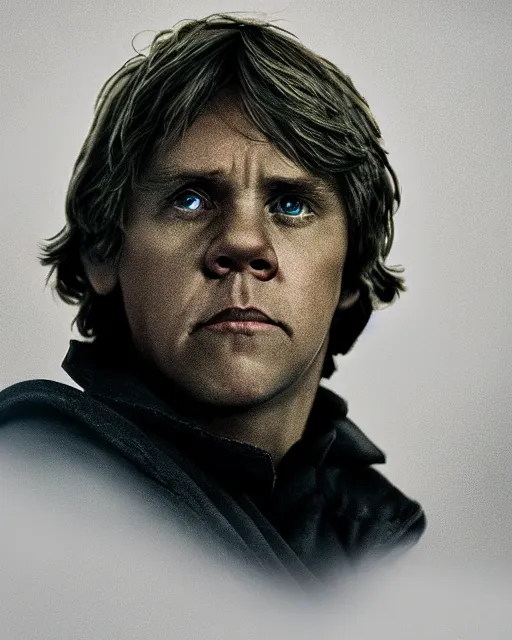 Image similar to very low angle high quality hyper realistic portrait of luke skywalker, dark dramatic portrait realistic and insanely detailed, 8 k