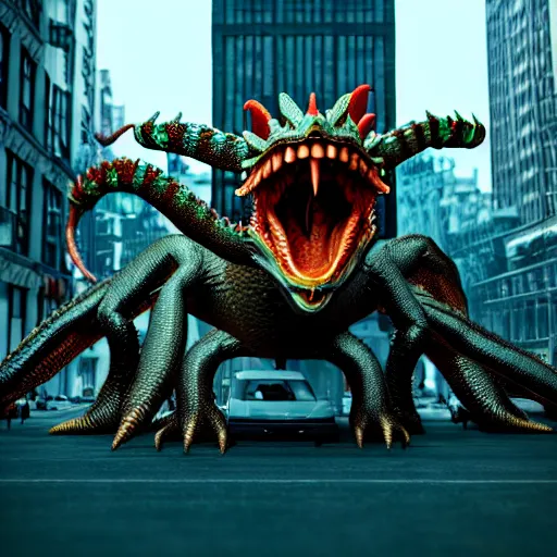 Image similar to Headcrab dragon causing chaos in NYC, 4D octane render, cinematic, as coherent as Dall-E 2