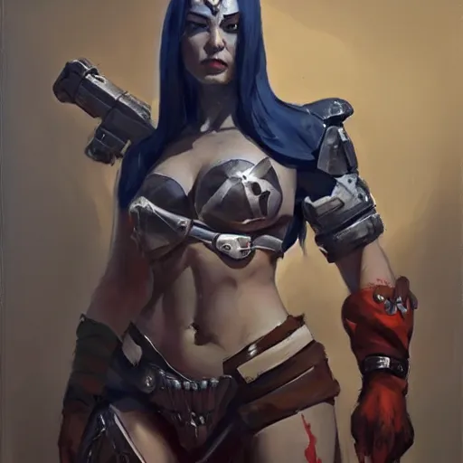 Image similar to greg manchess portrait painting of a female punisher kratos as overwatch character, medium shot, asymmetrical, profile picture, organic painting, sunny day, matte painting, bold shapes, hard edges, street art, trending on artstation, by huang guangjian and gil elvgren and sachin teng