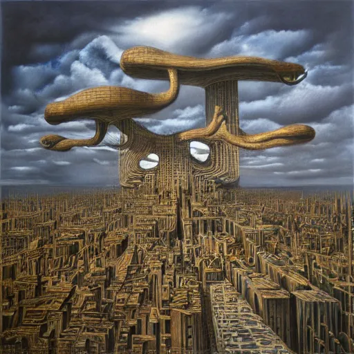 Prompt: salvador dalí inspired dystopian city with big cats walking around instead of people, art by peter gric, gothic, surreal, 8k