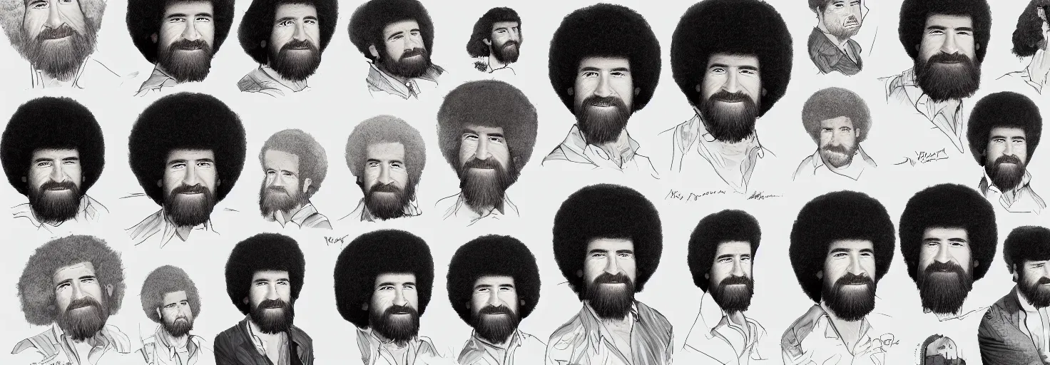 Prompt: bob ross portraits with different hair styles, detail study, by bob ross