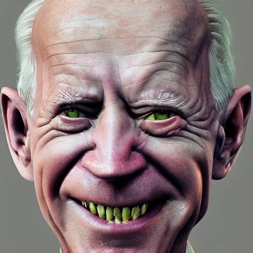 Image similar to hyperrealistic mixed media high resolution painting of Joe Biden Gollum from Lord of the Rings, stunning 3d render inspired art by Jamie Salmon and István Sándorfi and Unreal Engine and Greg Rutkowski, perfect facial symmetry, realistic flesh, dim volumetric lighting, 8k octane beautifully detailed render, full body shot, post-processing, extremely hyper-detailed, intricate, epic composition, highly detailed attributes, highly detailed atmosphere, cinematic lighting, masterpiece, trending on artstation, very very detailed, masterpiece, stunning, flawless completion, lifelike texture, perfection,