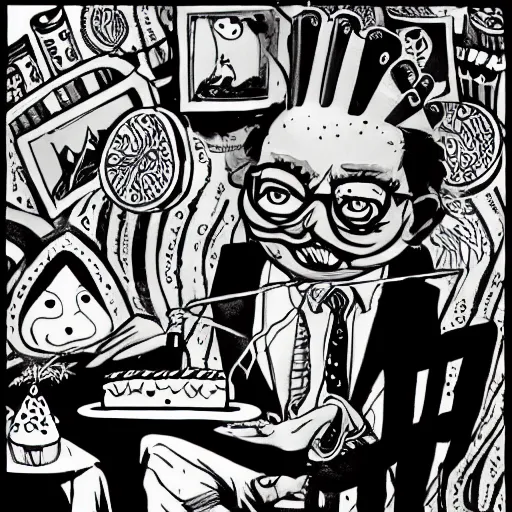 Image similar to black and white trippy comic art of a man in suit eating a birthday cake, drawn by martin rowson, tim burton, studio ghibli, alex pardee, nekro petros afshar, james mcdermott, cgsociety 4 k