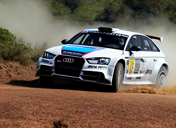 Prompt: action photo of an Audi M3 Nismo rally car on a dirt road