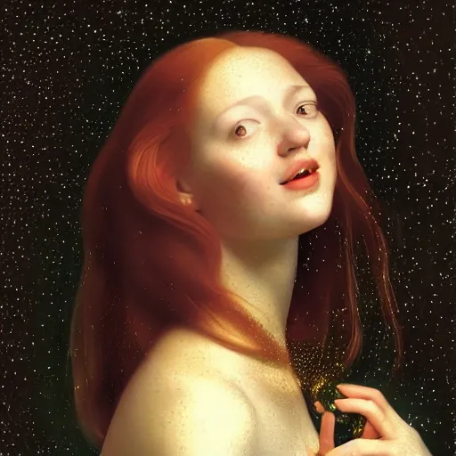 Image similar to portrait of a happy young woman, among the lights of golden fireflies and nature, long loose red hair, intricate details, green eyes, hint of freckles, round gentle face, gorgeous dress, deep focus, smooth, sharp, golden ratio, hyper realistic digital art by artemisia lomi gentileschi and leonardo da vinci and artgerm