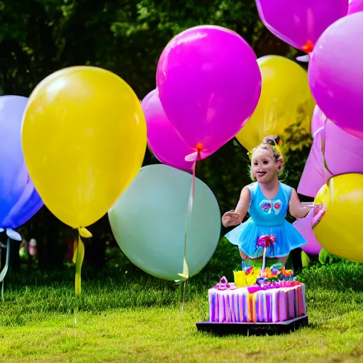 Prompt: children riding (my little pony) at a birthday party in the city park. balloons, cake, presents, craziness, havoc, 8K, 4K, digital art, 3D, cgsociety, pixar
