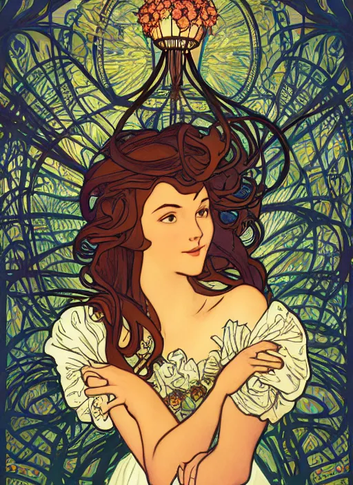 Prompt: well - lit art nouveau portrait of a young innocent girl with hair blowing in the wind in a flower garden with lanterns and fireflies at night,, natural lighting, path traced, highly detailed, high quality, cartoon, digital painting, by don bluth and alphonse mucha and ross tran