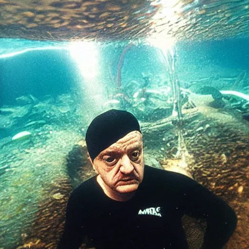 Prompt: mark e smith swimming deep under the ocean, picture taken from submarine, highly detailed, 4 k